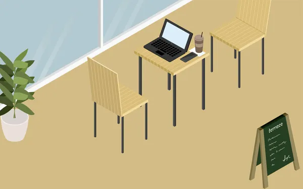 Drewniane Siedzenia Tarasowe Kawiarni Laptopów Izometryczne — Wektor stockowy