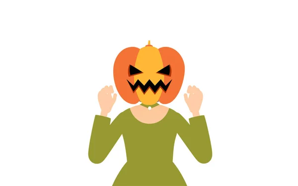 Halloween Traje Uma Menina Traje Fantasma Abóbora Posa Com Mãos — Vetor de Stock