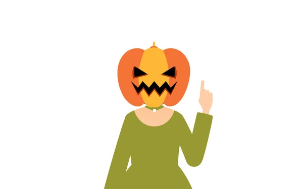Traje Halloween Pose Uma Menina Traje Fantasma Abóbora Apontando — Vetor de Stock