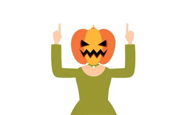 Traje Halloween Uma Menina Traje Fantasma Abóbora Posa Apontando Com — Vetor de Stock