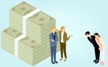 Borç istemeye gönülsüz erkek ve kadınların tasvirleri, izometrik