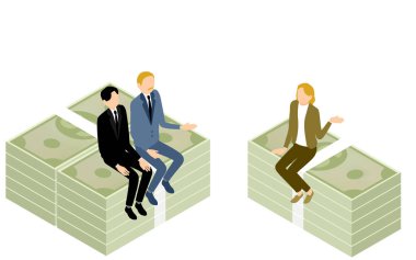 Üç kadın ve erkeğin para hakkında konuştuğu tasviri, izometrik