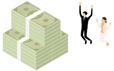 Isometric, bir erkek ve bir kadın fatura yığınının önünde uçmaktan mutlu olurlar.