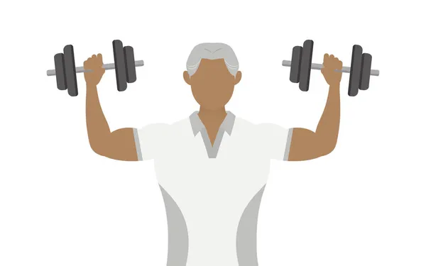 Gym Instructeur Senior Man Pose Schouder Pers Halter Training — Stockvector