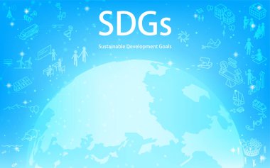 SDG 'ler, parlayan toprak ve SDG' ler metin ve hedef simgeleri, parlak yıldızlı mavi arkaplan