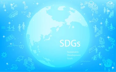 SDG 'ler, parlayan toprak ve SDG' ler metin ve hedef simgeleri, parlak yıldızlı mavi arkaplan