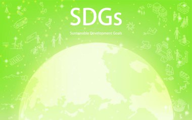 SDG 'lerin eko görüntüsü, SDG metin ve hedef simgeleriyle parlayan dünya, parlayan yıldızlarla parlayan yeşil arkaplan