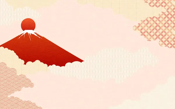 Rojo Fuji Amanecer Patrón Japonés Mar Nubes Fondo — Vector de stock