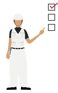 Marangoz kıdemli kadın pozu, bir listeye işaret ediyor.