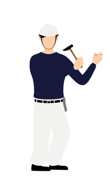 Hombre Carpintero Pose Poner Clavo Pared — Vector de stock