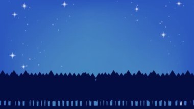 Parlayan yıldızlarla döngü animasyonu, mavi gece gökyüzü, orman ve parlayan yıldızlar