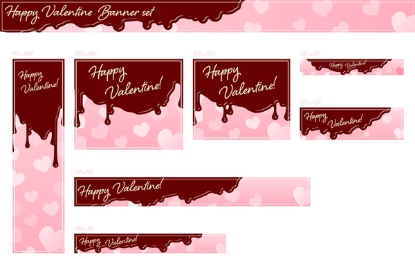 Valentýn Prapor Růžové Srdce Pozadí Kapající Čokolády Design Set — Stockový vektor