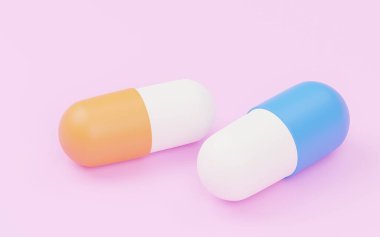 3DCG içme hapları, mavi ve turuncu kapsüller, izometrik