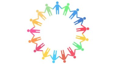 El ele tutuşan insanların SDG döngüsü animasyonu, 17 renk belirtilmiş