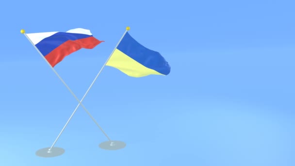 Ukraina Och Ryssland Korsade Flaggor Framför Ryssland 3Dcg — Stockvideo