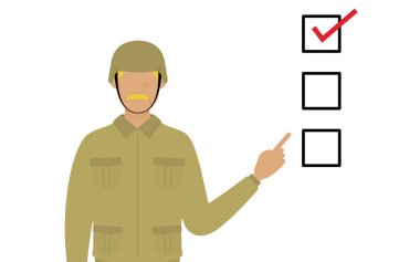 Kıdemli Erkek Asker Pozu, bir kontrol listesine işaret ediyor.