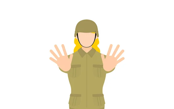 Soldado Feminino Pose Stop Empurre Mãos Para Fora Frente Você — Vetor de Stock