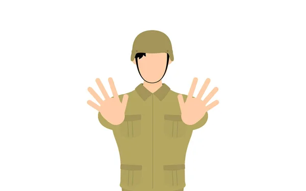Soldado Masculino Pose Stop Lance Mãos Para Fora Frente Você — Vetor de Stock