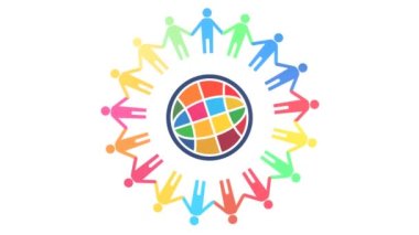 Halk ve Gezegen logosunun SDG 'ler tarafından belirtilen 17 rengi kullanarak döngü canlandırması (beyaz arkaplan)