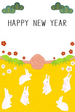 Tavşan 2023 yılı için yeni yıl kartı, tavşan ailesi, çam, bambu, erik ve mizuhiki, Japon izometrik