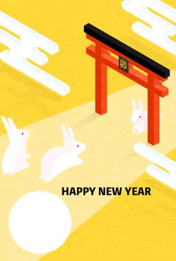 Tavşan 2023 yılının yeni yıl kartı, tavşan ilk ziyareti için gidiyor, fotoğraf çerçeveli Japonca izometrik - çeviri:.