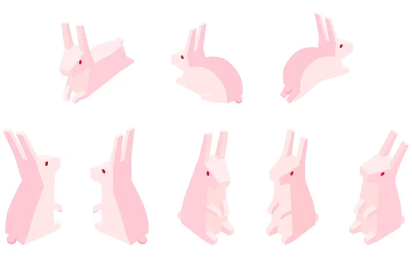 Posing Set Von Rosa Kaninchen Einfache Isometrische Illustration — Stockvektor