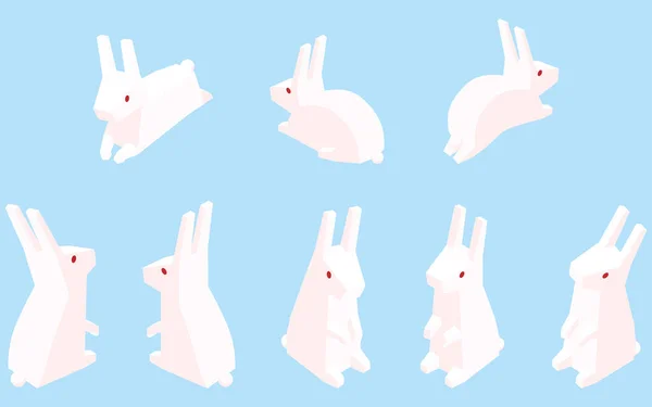 Posing Set Weißer Kaninchen Einfache Isometrische Illustration — Stockvektor