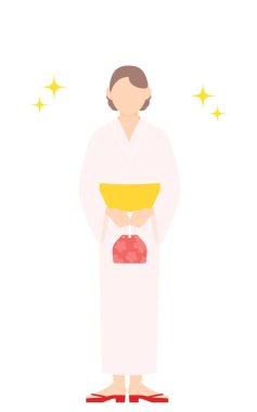 Yukata 'lı kadın, Drawstring elleri birarada, parıltılı.