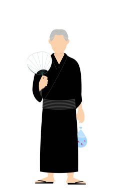 Yukata 'daki kıdemli adam, Ushiwa ve Japon balıklı bir yaz festivali görüntüsü..