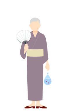 Yukata 'daki Kıdemli Kadın, Ushiwa ve Japon balıklı bir yaz festivali görüntüsü..