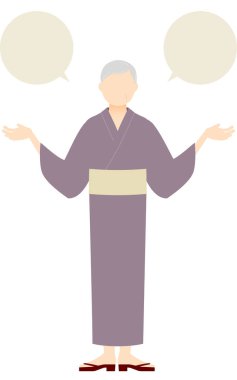 Yukata 'lı son sınıf öğrencisi, elleri açık, konuşma balonu ile konuşuyor.