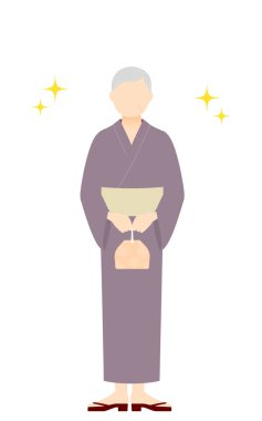 Yukata 'daki kıdemli kadın, Drawstring' in elleri birarada, parıltılı.