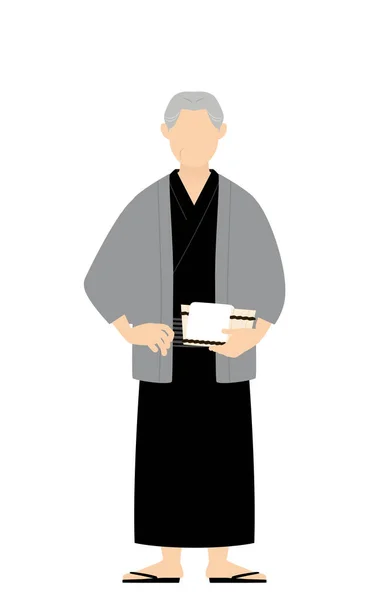 Senior Man Yukata Φορώντας Ένα Haori Και Κρατώντας Μια Μπανιέρα — Διανυσματικό Αρχείο