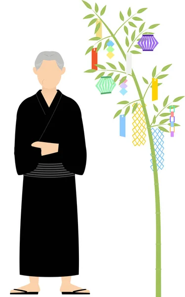 浴衣姿のシニア男性七夕竹の枝を見ると七夕のイメージ — ストックベクタ