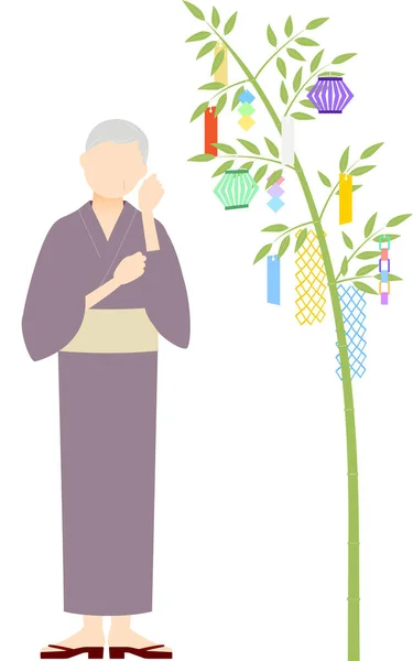 浴衣姿のシニア女性 七夕竹の枝を見て 七夕のイメージ — ストックベクタ