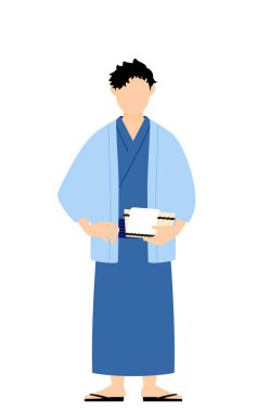 Yukata giyen, haori giyen ve elinde küvet tutan bir adam, kaplıca görüntüsü.