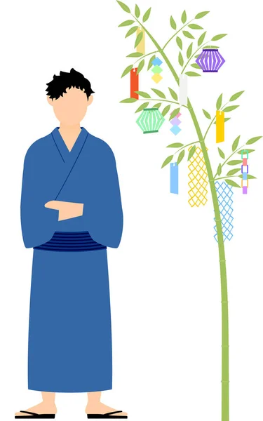 浴衣姿の男七夕竹の枝を見ると七夕のイメージ — ストックベクタ