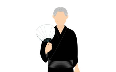 Yukata 'daki kıdemli adam, yelpaze Fanning, soğuk havanın görüntüsü..