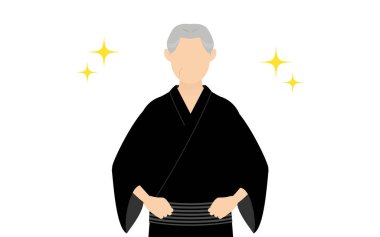 Yukata 'daki kıdemli adam, Obi' ye el, parıltılı.
