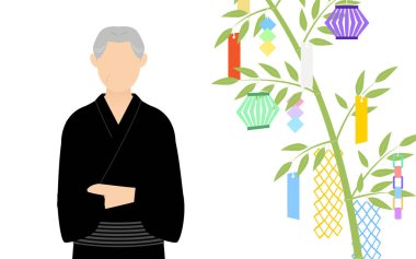 Senior Man in yukata, Looking at a Tanabata bamboo branch, image of Tanabata