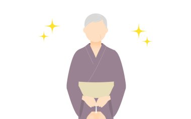 Yukata 'daki kıdemli kadın, Drawstring' in elleri birarada, parıltılı.