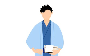 Yukata giyen, haori giyen ve elinde küvet tutan bir adam, kaplıca görüntüsü.