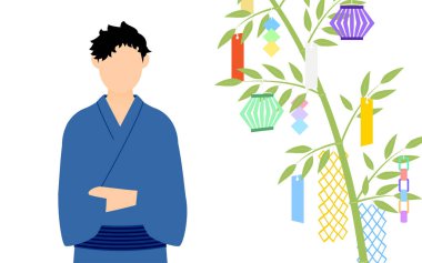 Yukata 'daki adam, Tanabata bambu dalına bakıyor, Tanabata' nın resmi.