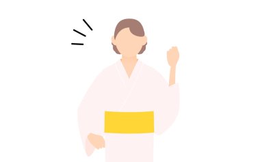 Yukata giymiş bir kadın, neşeli, cesur bir poz!