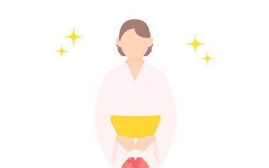 Yukata 'lı kadın, Drawstring elleri birarada, parıltılı.