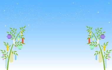 Tanabata Festivali, samanyolu ve kağıt şeritleriyle süslenmiş bambu yapraklarının arka planı.