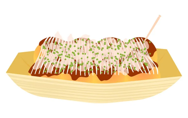 Street Food Τακογιάκι Σάλτσα Μαγιονέζα Αποξηραμένες Νιφάδες Μπονίτο Και Πράσινο — Διανυσματικό Αρχείο