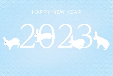 Tavşan 2023 yılı için Japon desenli arka plan 2023, koşan, zıplayan tavşanlar ve mavi deniz dalgaları.