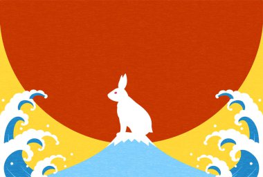 Japanese New Year greeting card for the year of the Rabbit 2023, Rabbit, Mt Fuji and the first sunrise of the year 2023, wavy white waves background