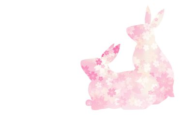 Two rabbits looking up, cherry blossoms and Japanese silhouettes.